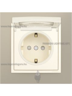   Dugalj (2P+F), rugós bekötés, 16A, csapfedéllel, IP44, gyöngyházfehér fedőlappal és Metallo titánium kerettel - EFAPEL LOGUS 90