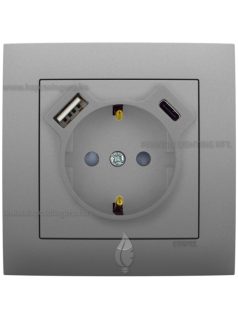   Dugalj (2P+F), csavaros, 16A, USB A+C töltővel, IP20 , Aquarella alumínium fedőlappal és 1-es kerettel - EFAPEL LOGUS 90