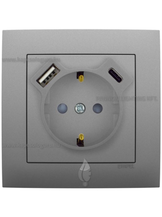Dugalj (2P+F), csavaros, 16A, USB A+C töltővel, IP20 , Aquarella alumínium fedőlappal és 1-es kerettel - EFAPEL LOGUS 90