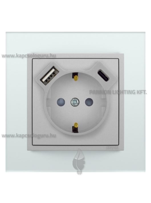 Dugalj (2P+F), csavaros, 16A, USB A+C töltővel, IP20, alumínium fedőlappal és Crystal üveg 1-es kerettel - EFAPEL LOGUS 90