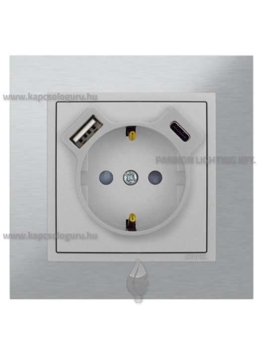 Dugalj (2P+F), csavaros, 16A, USB A+C töltővel, IP20, alumínium fedőlappal és Metallo inox 1-es kerettel - EFAPEL LOGUS 90