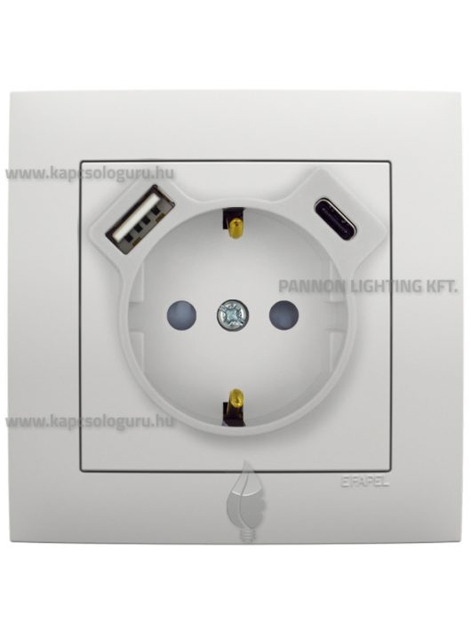 Dugalj (2P+F), csavaros bekötés, 16A, USB A+C töltővel, IP20, Base fehér fedőlappal és 1-es kerettel - EFAPEL LOGUS 90