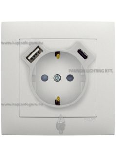   Dugalj (2P+F), csavaros 16A, USB A+C töltővel, IP20, jégfehér fedőlappal és Aquarella kerettel - EFAPEL LOGUS 90