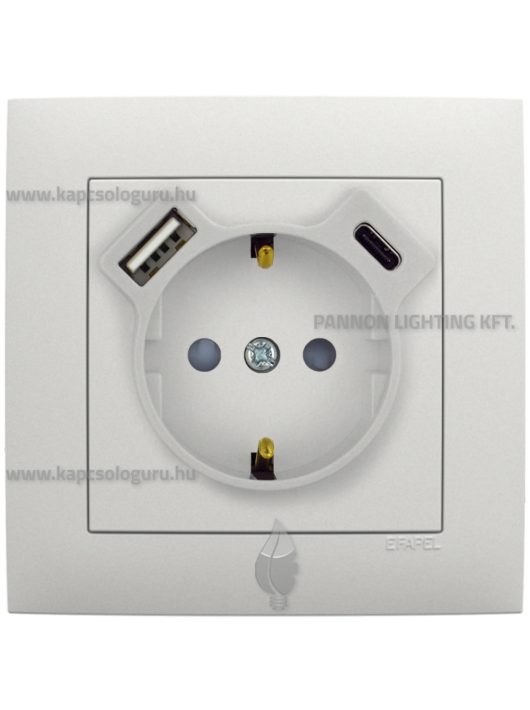Dugalj (2P+F), csavaros 16A, USB A+C töltővel, IP20, jégfehér fedőlappal és Aquarella kerettel - EFAPEL LOGUS 90