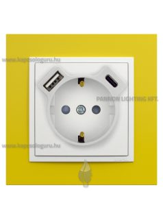  Dugalj (2P+F), csavaros 16A, USB A+C töltővel, IP20, jégfehér fedőlappal és Animato sárga kerettel - EFAPEL LOGUS 90