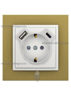   Dugalj (2P+F), csavaros 16A, USB A+C töltővel, IP20, jégfehér fedőlappal és Animato arany kerettel - EFAPEL LOGUS 90