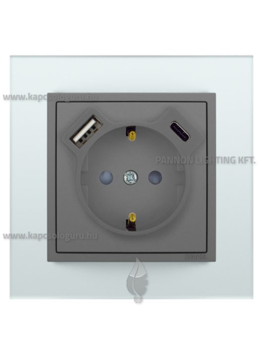 Dugalj (2P+F), csavaros, 16A, USB A+C töltővel, IP20, szürke fedőlappal és Crystal üveg kerettel - EFAPEL LOGUS 90