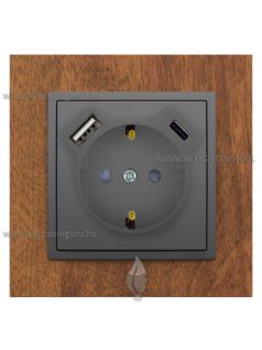   Dugalj (2P+F), csavaros, 16A, USB A+C töltővel, IP20, szürke fedőlappal és Arbore mahagóni kerettel - EFAPEL LOGUS 90