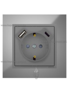   Dugalj (2P+F), csavaros, 16A, USB A+C töltővel, IP20, szürke fedőlappal és Metallo króm kerettel - EFAPEL LOGUS 90