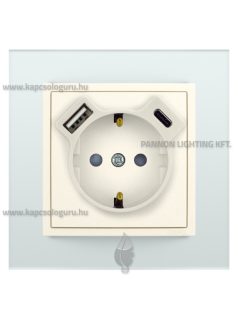  Dugalj (2P+F), csavaros 16A, USB A+C töltővel, IP20, gyöngyházfehér fedőlappal és Crystal üveg kerettel - EFAPEL LOGUS 90
