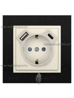   Dugalj (2P+F), csavaros 16A, USB A+C töltővel, IP20, gyöngyházfehér fedőlappal és Petra gránit 1-es kerettel - EFAPEL LOGUS 90