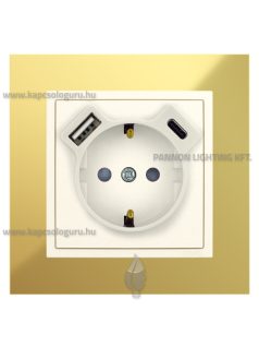   Dugalj (2P+F), csavaros 16A, USB A+C töltővel, IP20, gyöngyházfehér fedőlappal és Metallo arany 1-es kerettel - EFAPEL LOGUS 90