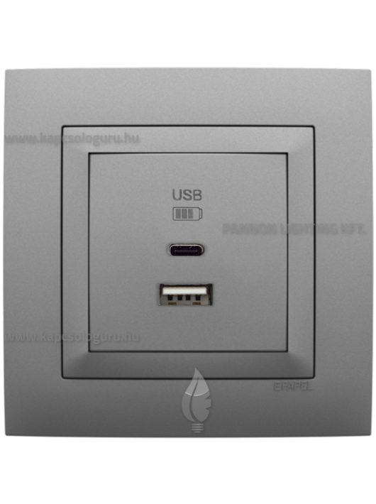USB A+C töltő aljzat - 3A, IP20 , Aquarella alumínium fedőlappal és 1-es kerettel - EFAPEL LOGUS 90