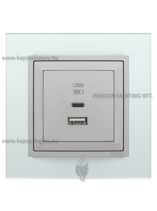 USB A+C töltő aljzat - 3A, IP20, alumínium fedőlappal és Crystal üveg 1-es kerettel - EFAPEL LOGUS 90