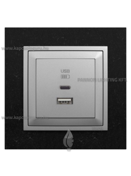 USB A+C töltő aljzat - 3A, IP20, alumínium fedőlappal és Petra fekete 1-es kerettel - EFAPEL LOGUS 90