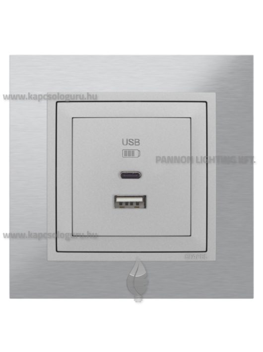 USB A+C töltő aljzat - 3A, IP20, alumínium fedőlappal és Metallo inox 1-es kerettel - EFAPEL LOGUS 90