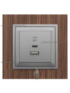   USB A+C töltő aljzat - 3A, IP20, alumínium fedőlappal és Arbore dió 1-es kerettel - EFAPEL LOGUS 90
