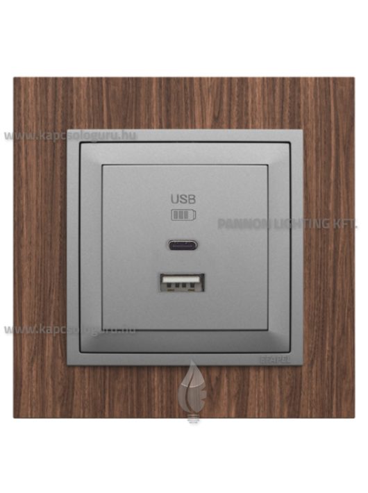 USB A+C töltő aljzat - 3A, IP20, alumínium fedőlappal és Arbore dió 1-es kerettel - EFAPEL LOGUS 90
