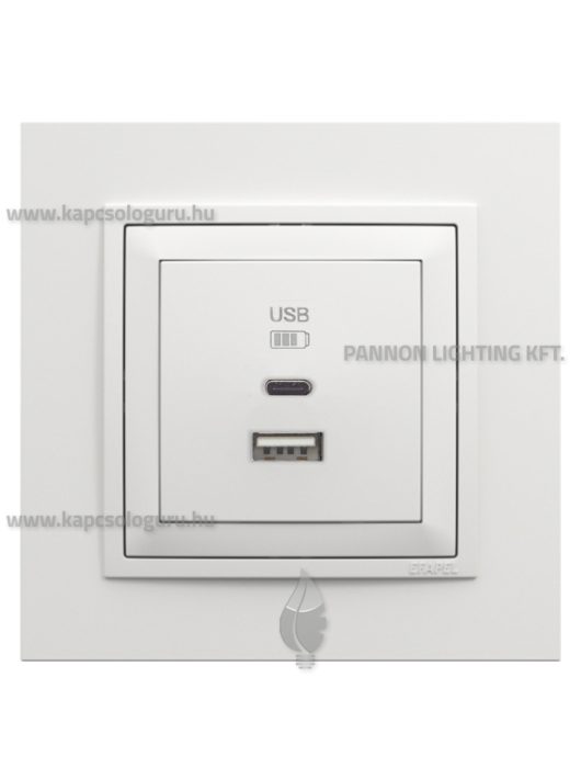 USB A+C töltő aljzat - 3A, IP20, fehér fedőlappal és Animato 1-es kerettel - EFAPEL LOGUS 90