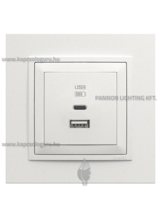 USB A+C töltő aljzat - 3A, IP20, jégfehér fedőlappal és Animato kerettel - EFAPEL LOGUS 90