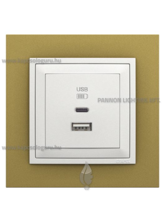USB A+C töltő aljzat - 3A, IP20, jégfehér fedőlappal és Animato arany kerettel - EFAPEL LOGUS 90