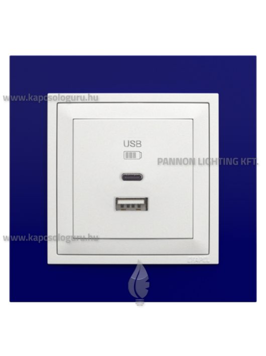 USB A+C töltő aljzat - 3A, IP20, jégfehér fedőlappal és Animato kék kerettel - EFAPEL LOGUS 90