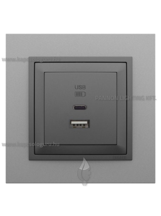 USB A+C töltő aljzat - 3A, IP20, szürke fedőlappal és Animato alumínium kerettel - EFAPEL LOGUS 90