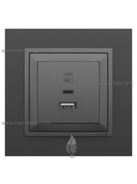 USB A+C töltő aljzat - 3A, IP20, szürke fedőlappal és Animato fekete kerettel - EFAPEL LOGUS 90