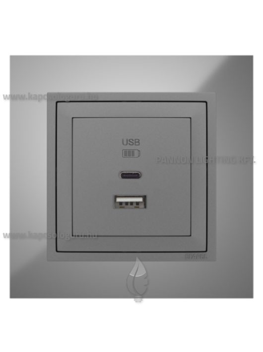 USB A+C töltő aljzat - 3A, IP20, szürke fedőlappal és Metallo króm kerettel - EFAPEL LOGUS 90