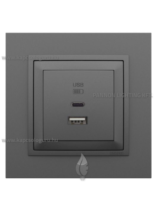 USB A+C töltő aljzat - 3A, IP20, szürke fedőlappal és Animato kerettel - EFAPEL LOGUS 90