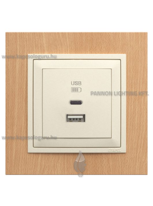 USB A+C töltő aljzat - 3A, IP20, gyöngyházfehér fedőlappal és Arbore bükk 1-es kerettel - EFAPEL LOGUS 90