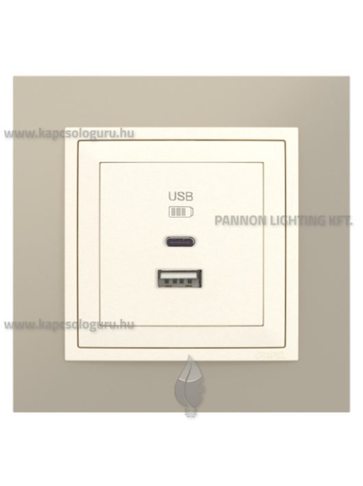 USB A+C töltő aljzat - 3A, IP20, gyöngyházfehér fedőlappal és Metallo titánium kerettel - EFAPEL LOGUS 90