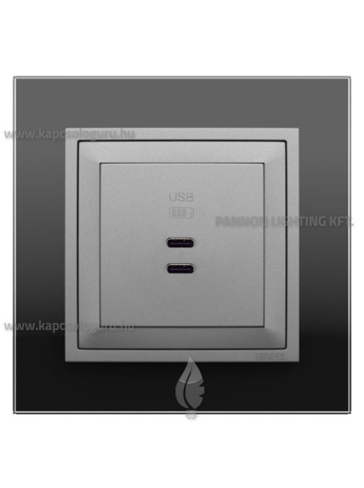 USB C töltő aljzat, Dupla - 3A, IP20, alumínium fedőlappal és Crystal fekete üveg 1-es kerettel - EFAPEL LOGUS 90