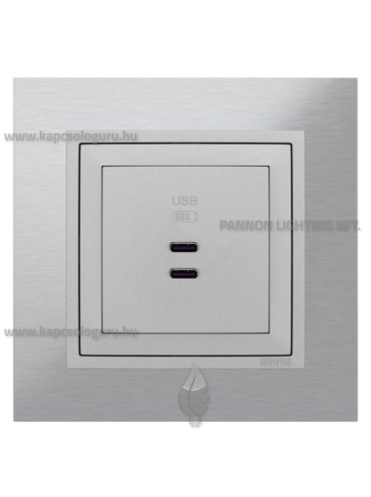 USB C töltő aljzat, Dupla - 3A, IP20, alumínium fedőlappal és Metallo inox 1-es kerettel - EFAPEL LOGUS 90