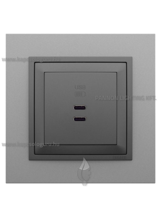 USB C töltő aljzat, Dupla - 3A, IP20, szürke fedőlappal és Animato alumínium kerettel - EFAPEL LOGUS 90