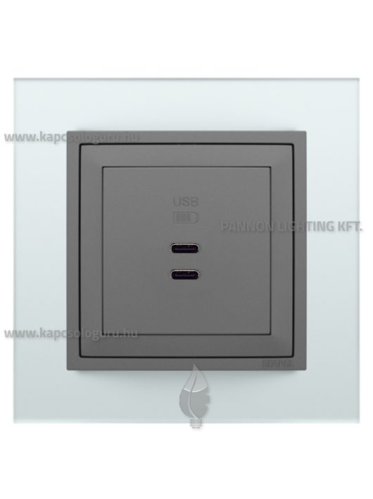 USB C töltő aljzat, Dupla - 3A, IP20, szürke fedőlappal és Crystal üveg kerettel - EFAPEL LOGUS 90