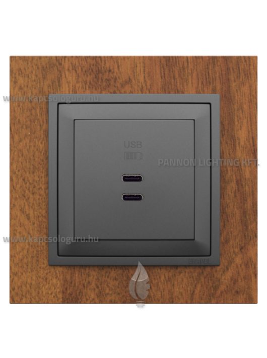 USB C töltő aljzat, Dupla - 3A, IP20, szürke fedőlappal és Arbore mahagóni kerettel - EFAPEL LOGUS 90