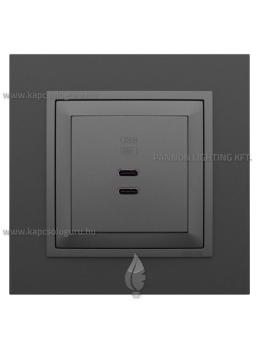 USB C töltő aljzat, Dupla - 3A, IP20, szürke fedőlappal és Animato fekete kerettel - EFAPEL LOGUS 90