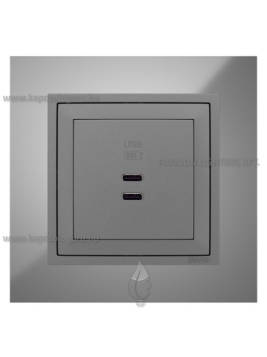 USB C töltő aljzat, Dupla - 3A, IP20, szürke fedőlappal és Metallo króm kerettel - EFAPEL LOGUS 90