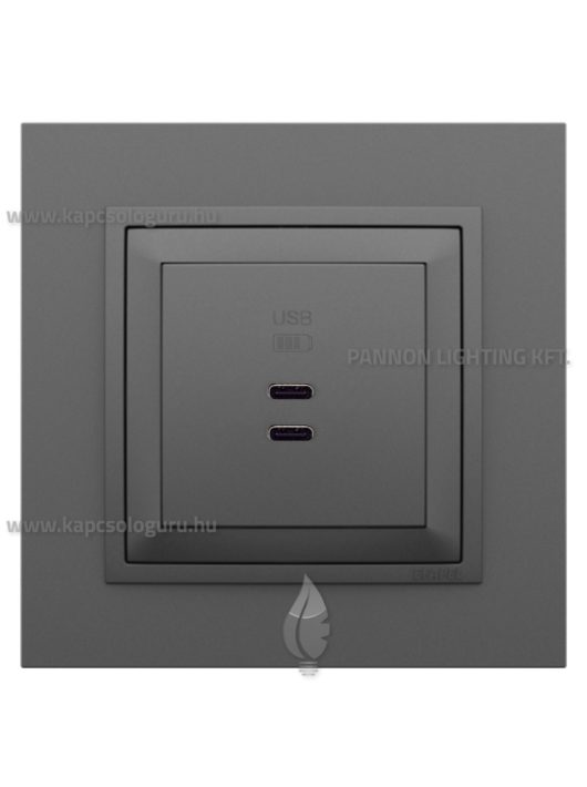 USB C töltő aljzat, Dupla - 3A, IP20, szürke fedőlappal és Animato kerettel - EFAPEL LOGUS 90