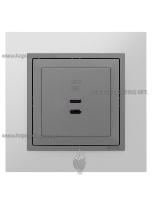 USB C töltő aljzat, Dupla - 3A, IP20, szürke fedőlappal és Metallo alumínium kerettel - EFAPEL LOGUS 90