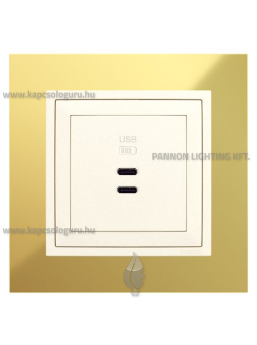 USB C töltő aljzat, Dupla - 3A, IP20, gyöngyházfehér fedőlappal és Metallo arany 1-es kerettel - EFAPEL LOGUS 90