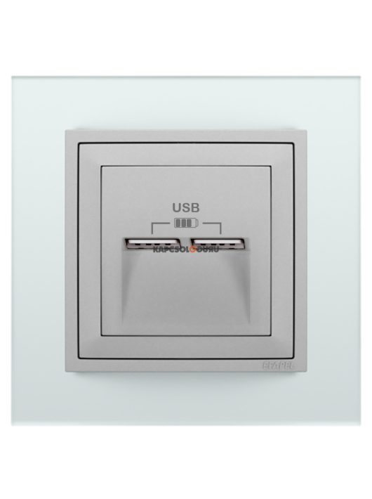 USB töltő aljzat, Dupla - 2,4A, IP20, alumínium fedőlappal és Crystal üveg 1-es kerettel - EFAPEL LOGUS 90