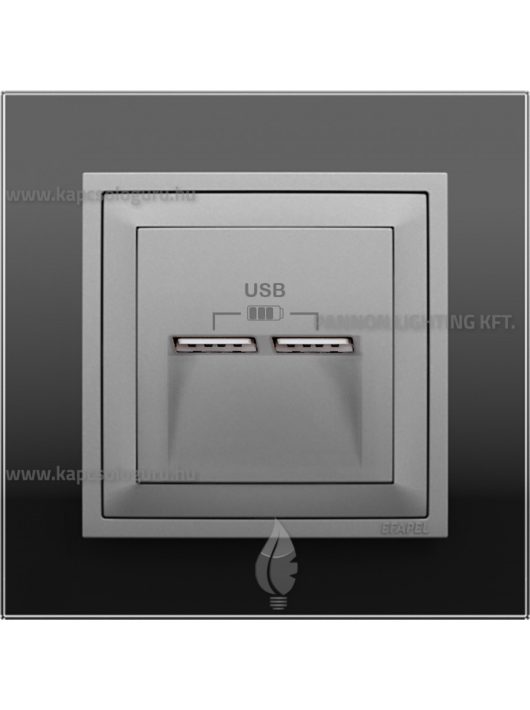 USB töltő aljzat, Dupla - 2,4A, IP20, alumínium fedőlappal és Crystal fekete üveg 1-es kerettel - EFAPEL LOGUS 90