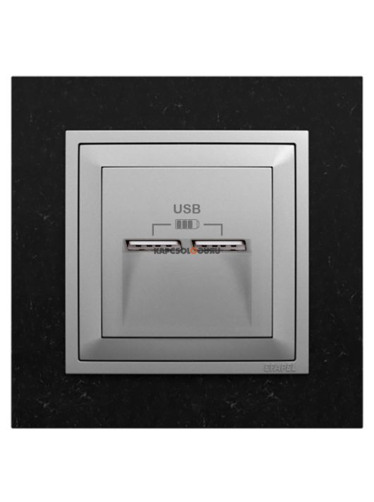 USB töltő aljzat, Dupla - 2,4A, IP20, alumínium fedőlappal és Petra fekete 1-es kerettel - EFAPEL LOGUS 90