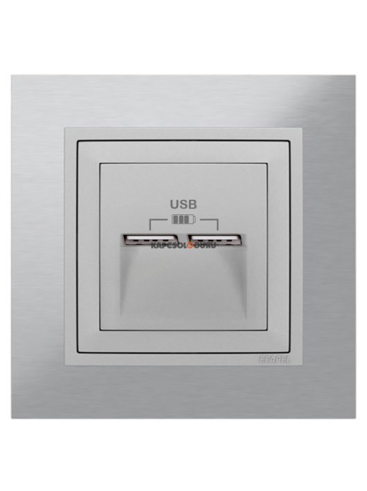 USB töltő aljzat, Dupla - 2,4A, IP20, alumínium fedőlappal és Metallo inox 1-es kerettel - EFAPEL LOGUS 90