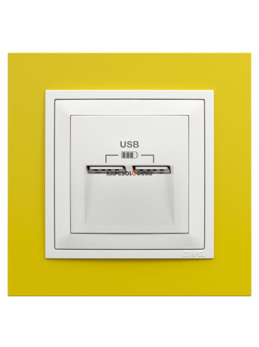 USB töltő aljzat, Dupla - 2,4A, IP20, jégfehér fedőlappal és Animato sárga kerettel - EFAPEL LOGUS 90