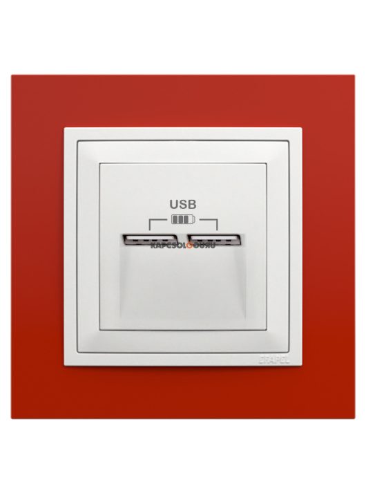 USB töltő aljzat, Dupla - 2,4A, IP20, jégfehér fedőlappal és Animato vörös kerettel - EFAPEL LOGUS 90