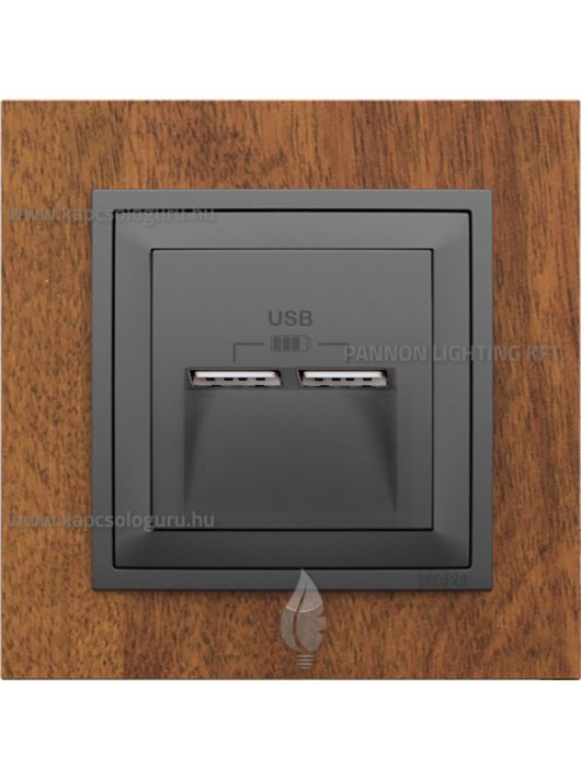 USB töltő aljzat, Dupla - 2,4A, IP20, szürke fedőlappal és Arbore mahagóni kerettel - EFAPEL LOGUS 90