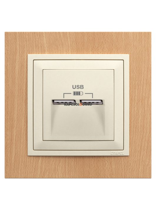 USB töltő aljzat, Dupla - 2,4A, IP20, gyöngyházfehér fedőlappal és Arbore bükk 1-es kerettel - EFAPEL LOGUS 90